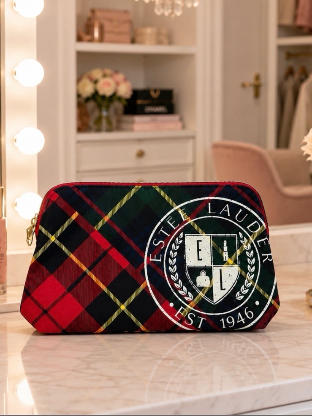 Estee Lauder Zipper Cosmetic Makeup Bag Plaid Red Green Yellow Blue Pattern New